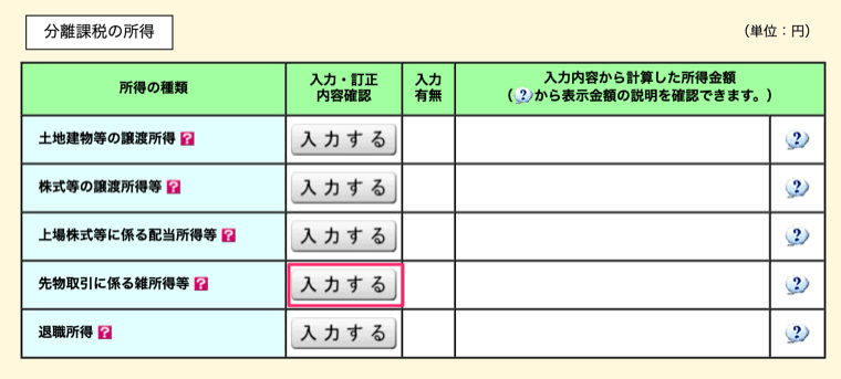 確定申告書等作成コーナー:先物取引に係る雑所得等をクリック